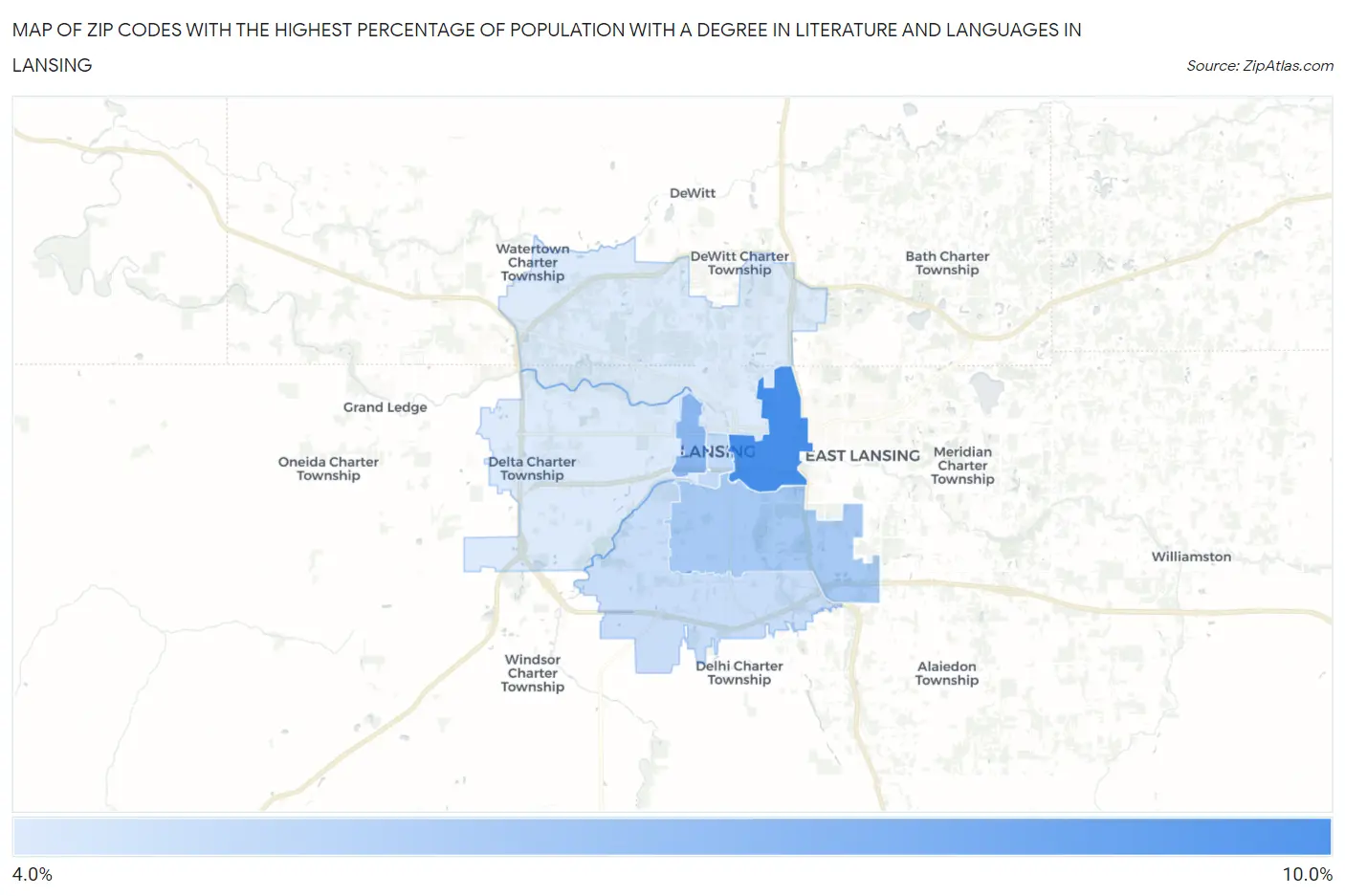 Zip Codes with the Highest Percentage of Population with a Degree in Literature and Languages in Lansing Map