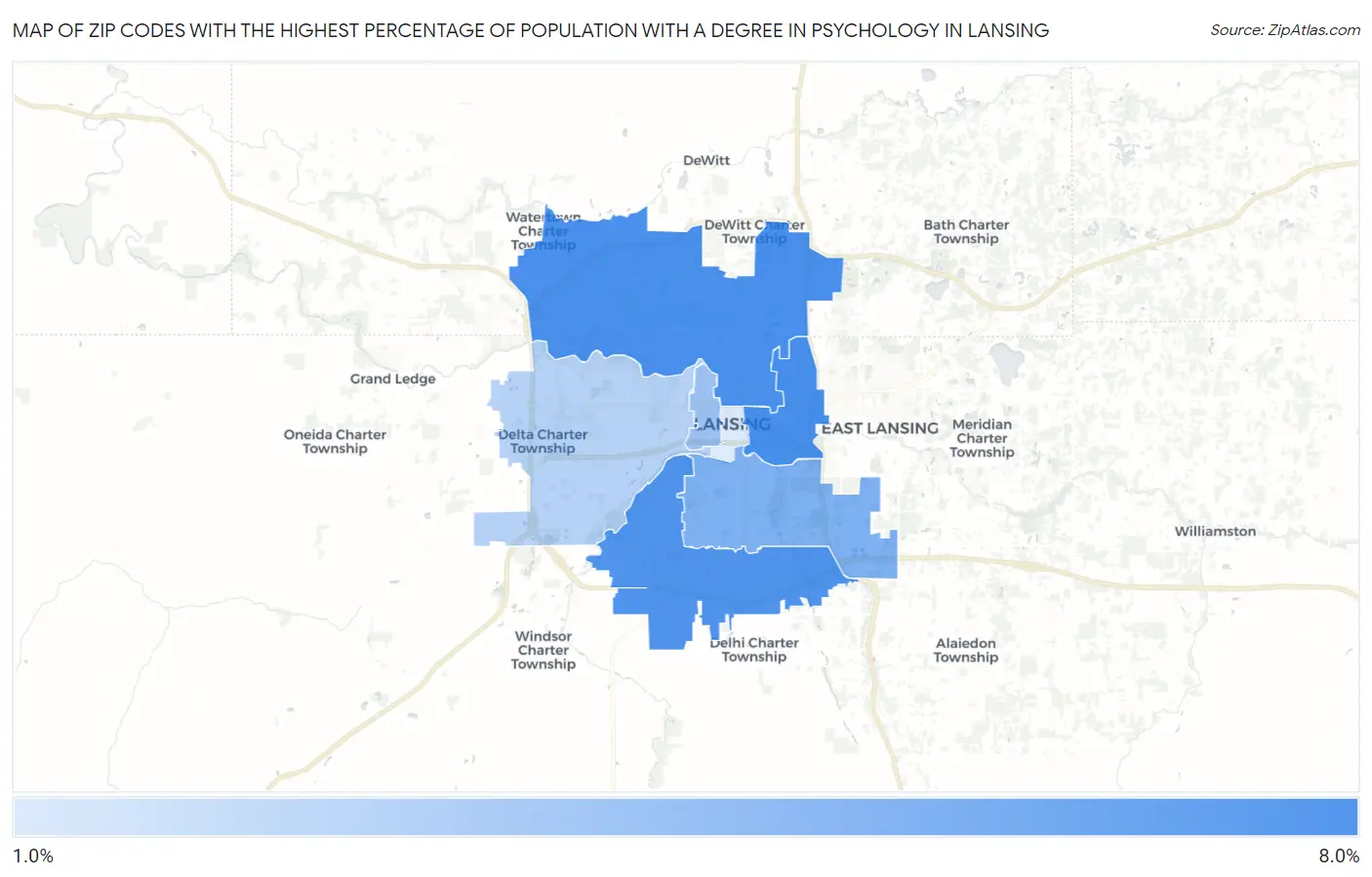 Zip Codes with the Highest Percentage of Population with a Degree in Psychology in Lansing Map