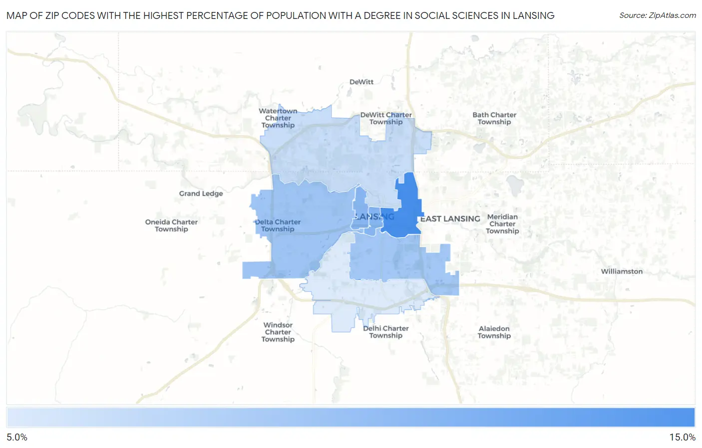 Zip Codes with the Highest Percentage of Population with a Degree in Social Sciences in Lansing Map