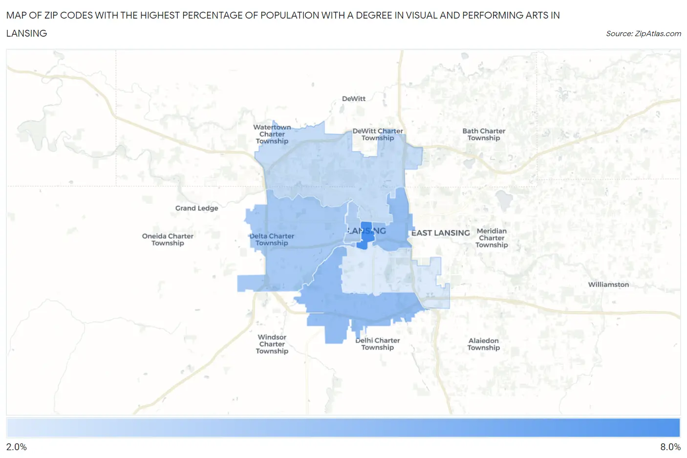 Zip Codes with the Highest Percentage of Population with a Degree in Visual and Performing Arts in Lansing Map