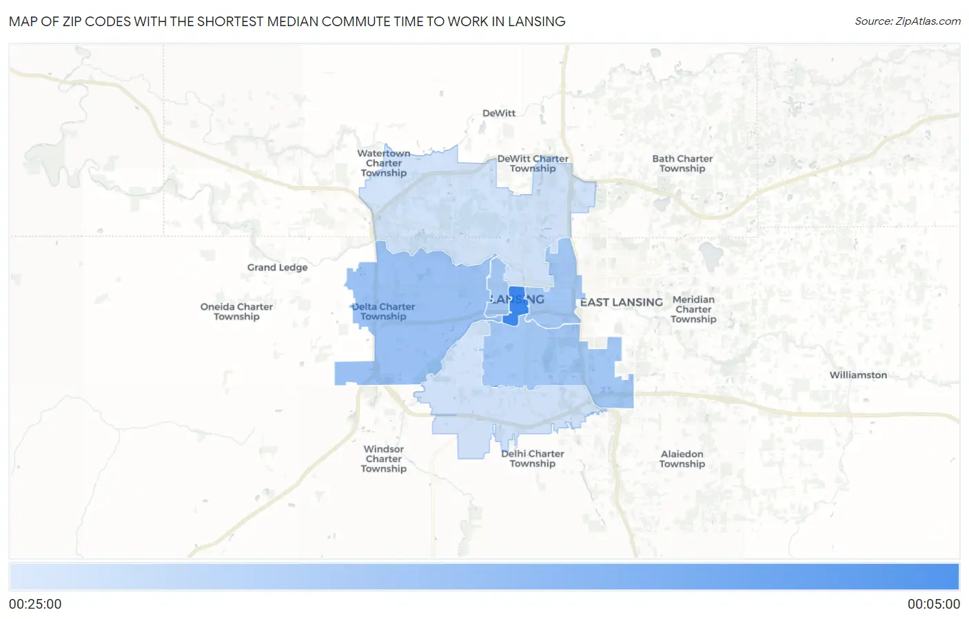 Zip Codes with the Shortest Median Commute Time to Work in Lansing Map