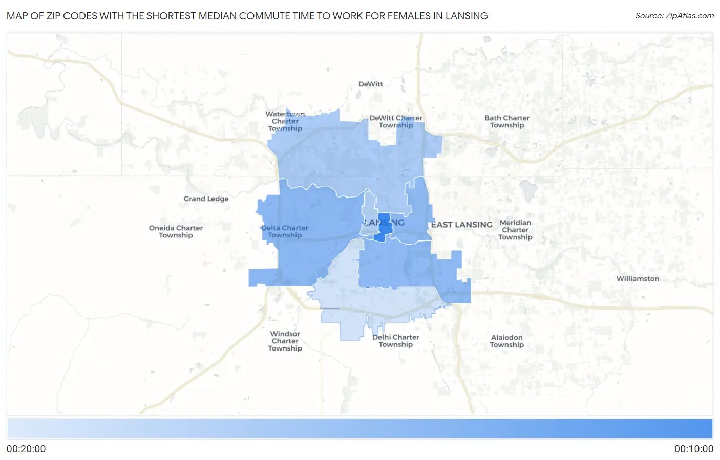 Zip Codes with the Shortest Median Commute Time to Work for Females in Lansing Map