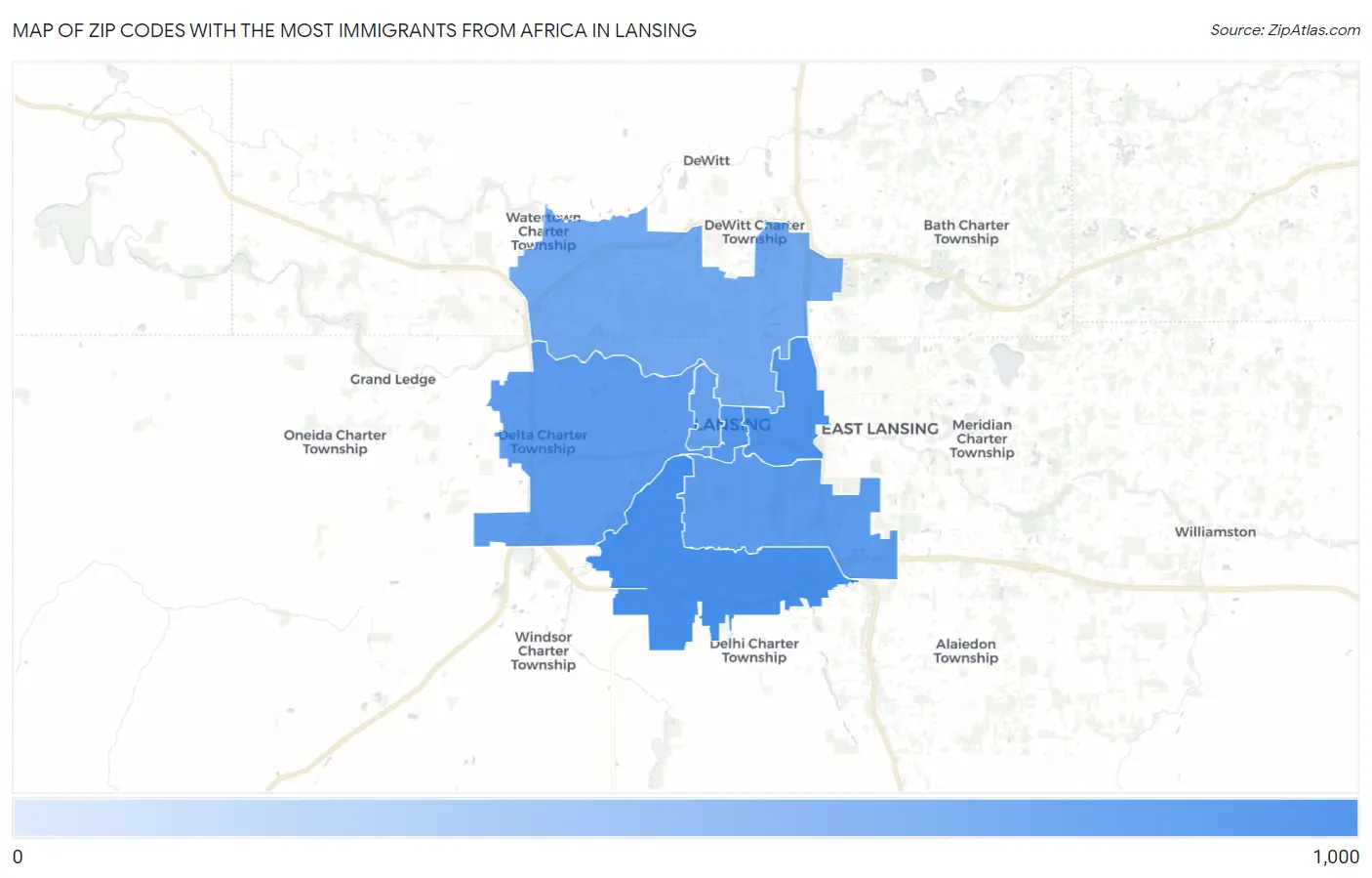 Zip Codes with the Most Immigrants from Africa in Lansing Map