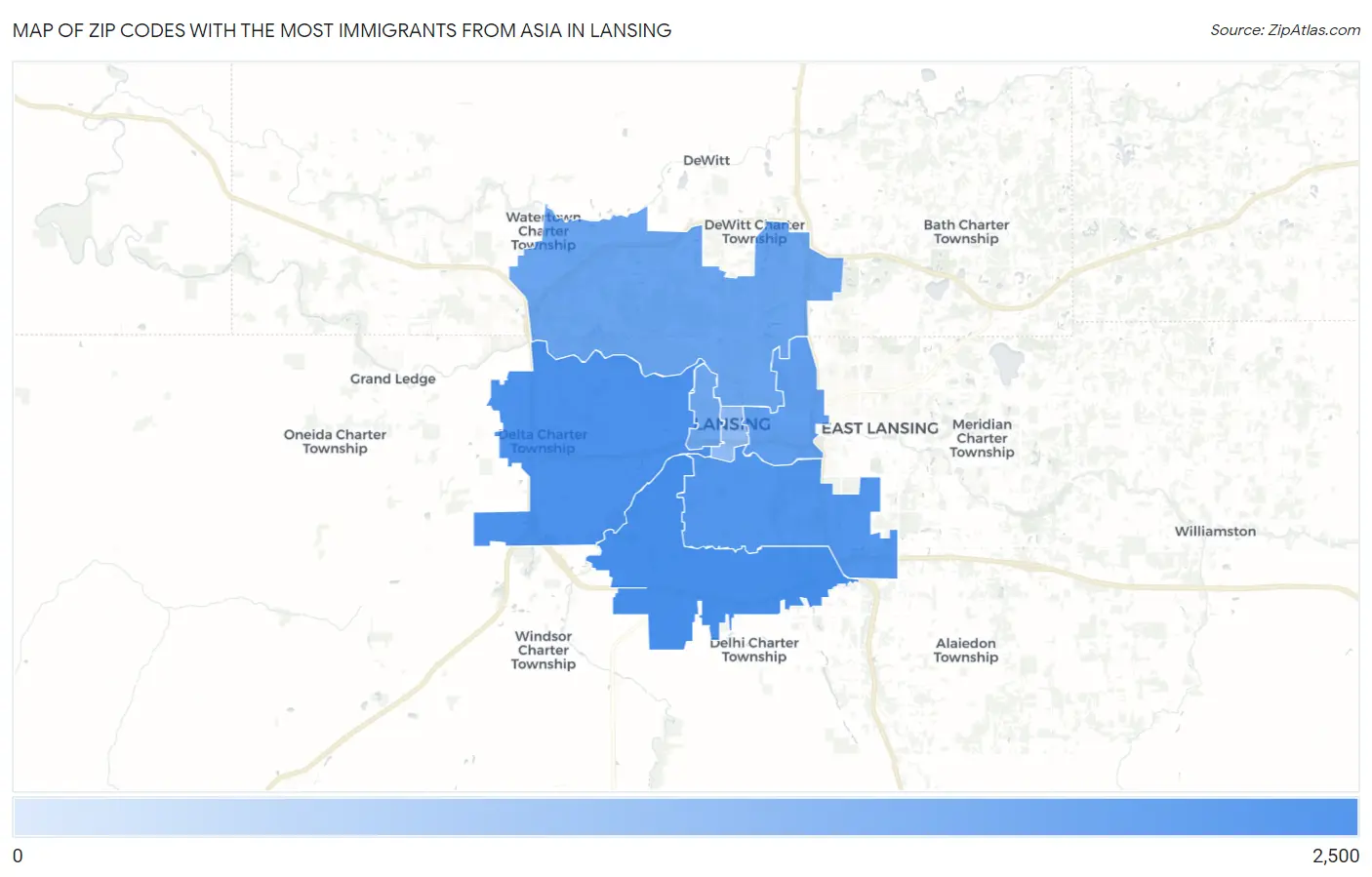 Zip Codes with the Most Immigrants from Asia in Lansing Map