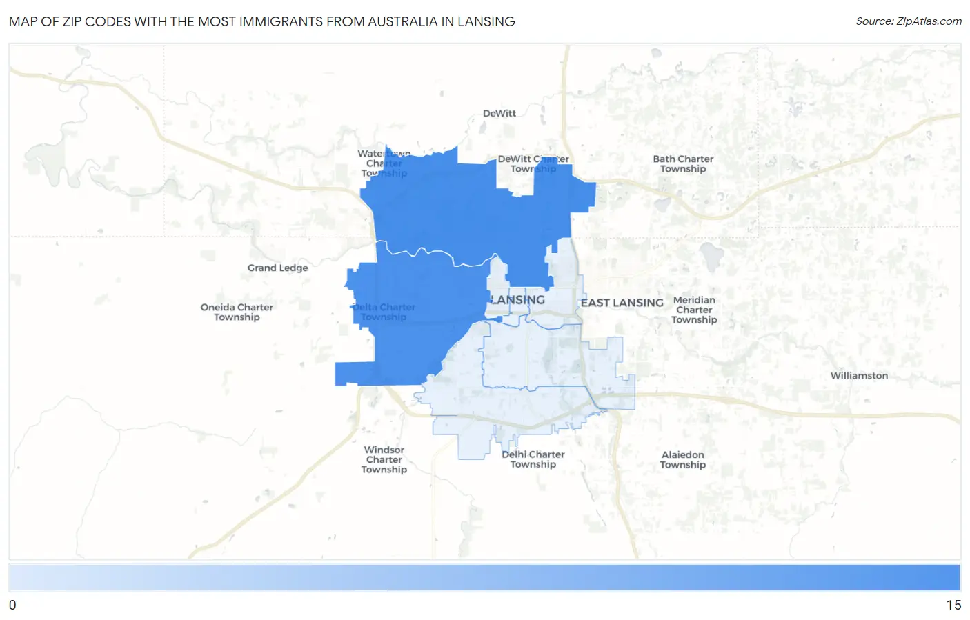 Zip Codes with the Most Immigrants from Australia in Lansing Map
