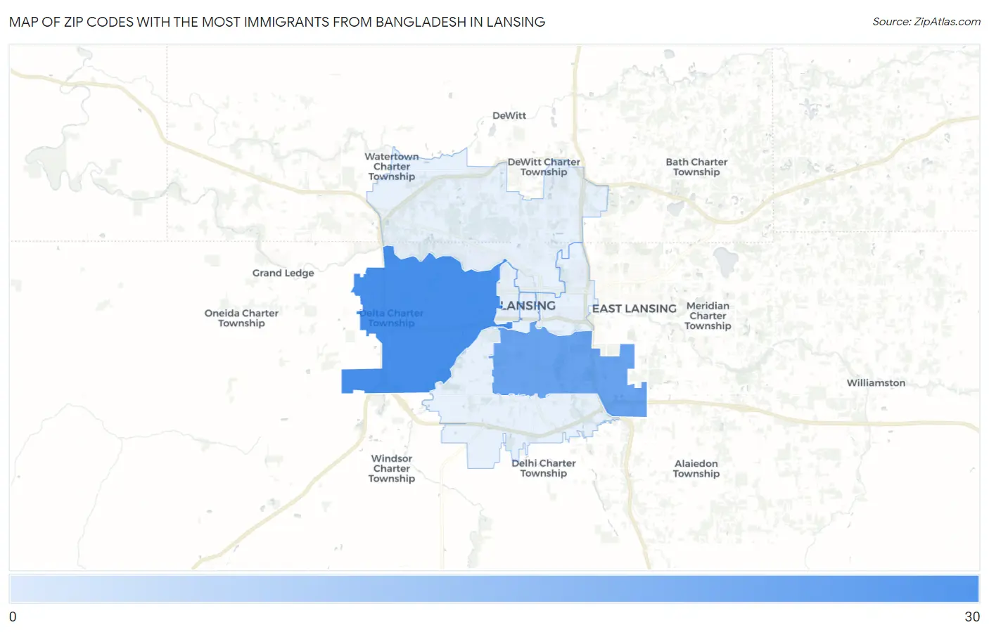 Zip Codes with the Most Immigrants from Bangladesh in Lansing Map