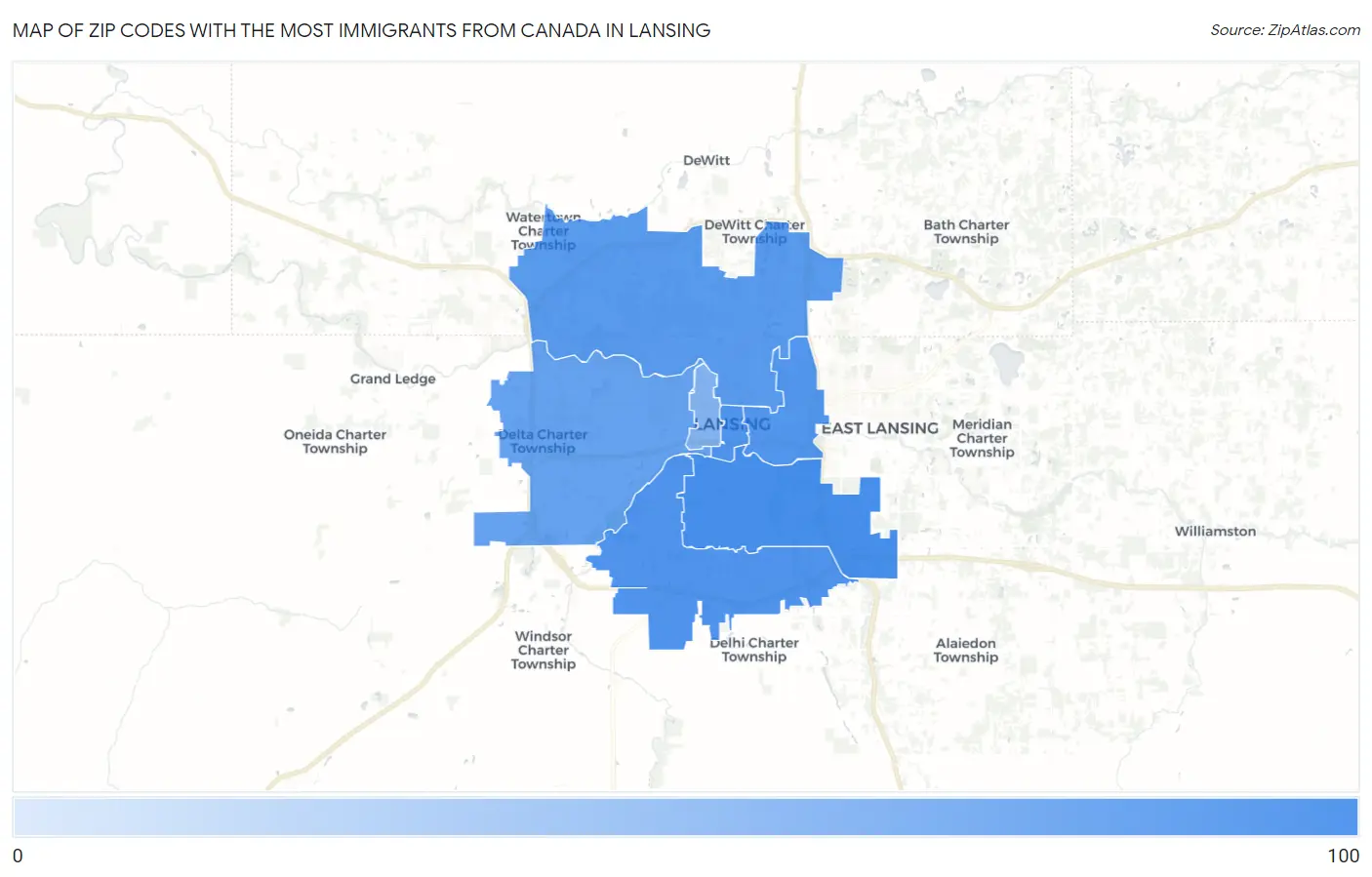 Zip Codes with the Most Immigrants from Canada in Lansing Map