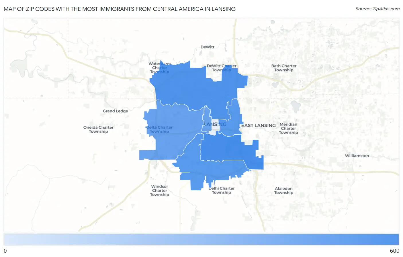Zip Codes with the Most Immigrants from Central America in Lansing Map