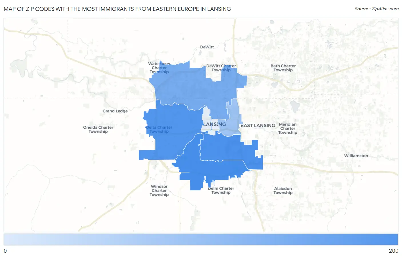 Zip Codes with the Most Immigrants from Eastern Europe in Lansing Map