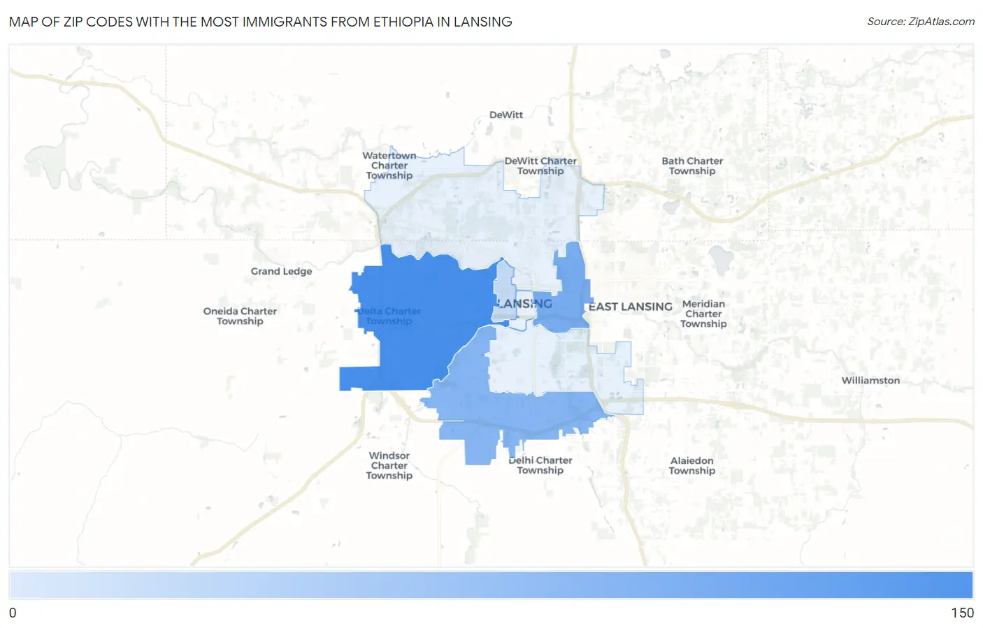 Zip Codes with the Most Immigrants from Ethiopia in Lansing Map