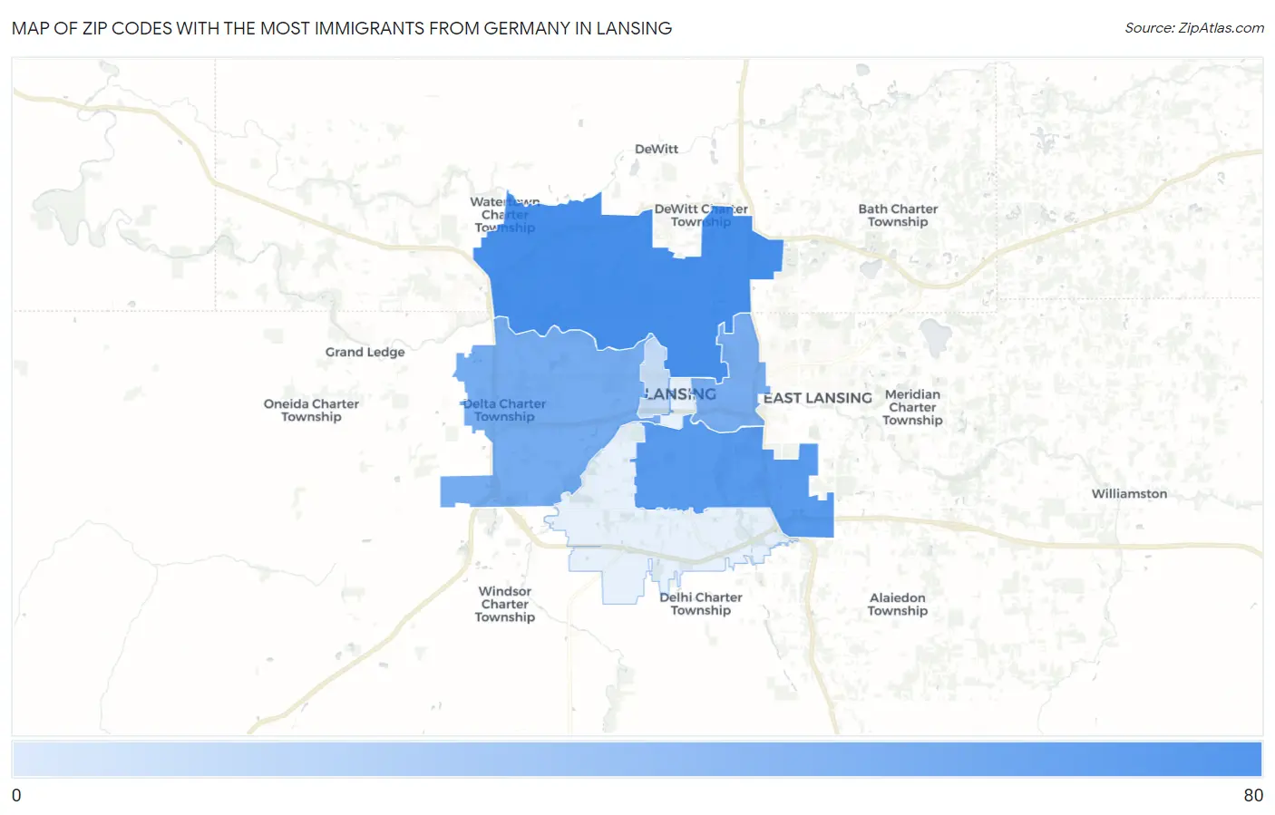 Zip Codes with the Most Immigrants from Germany in Lansing Map