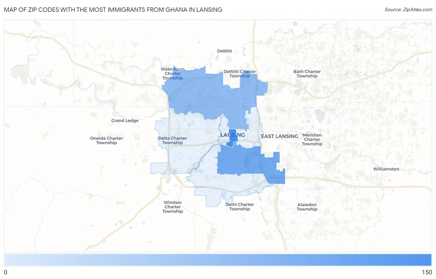 Zip Codes with the Most Immigrants from Ghana in Lansing Map