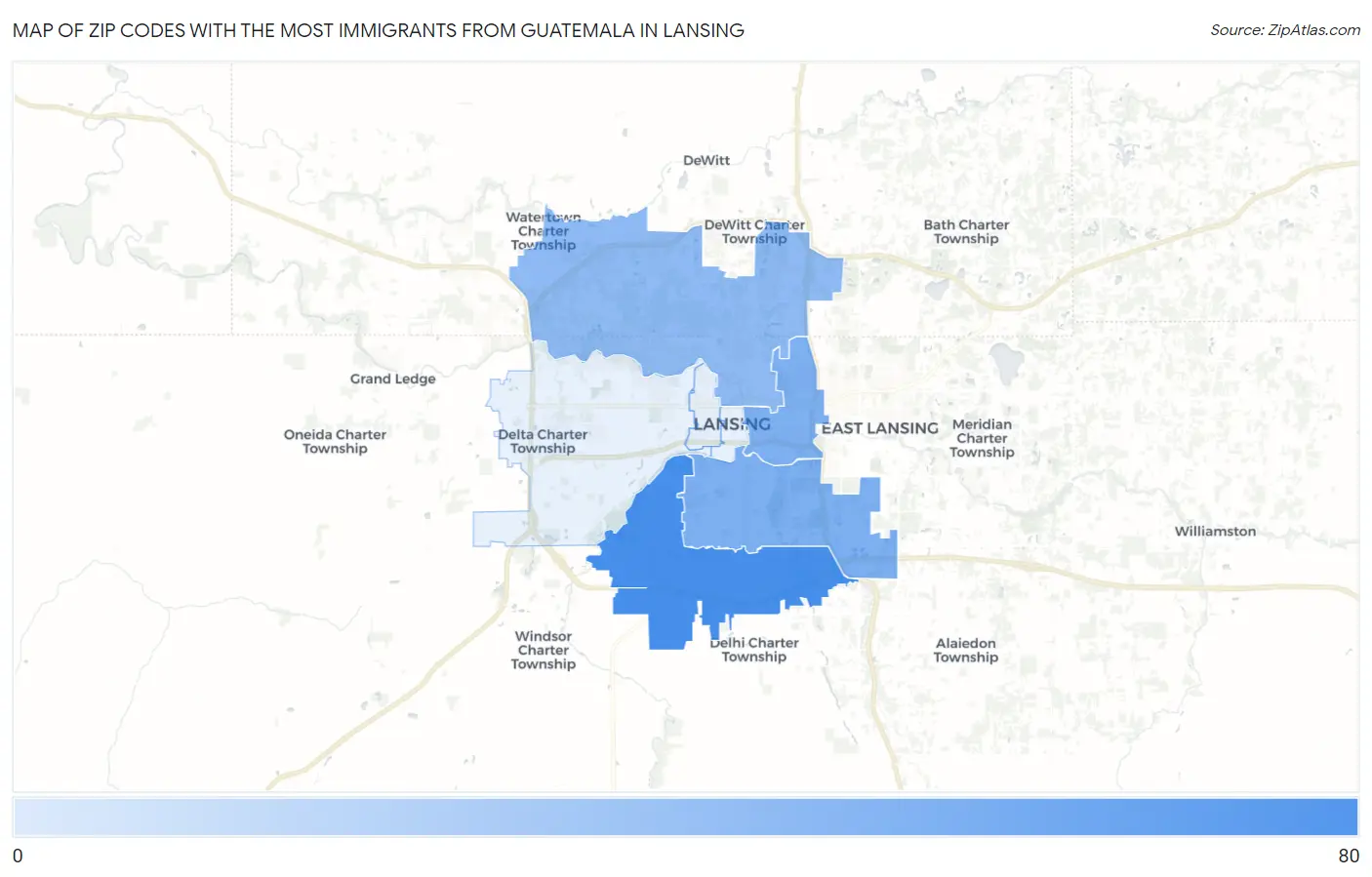 Zip Codes with the Most Immigrants from Guatemala in Lansing Map