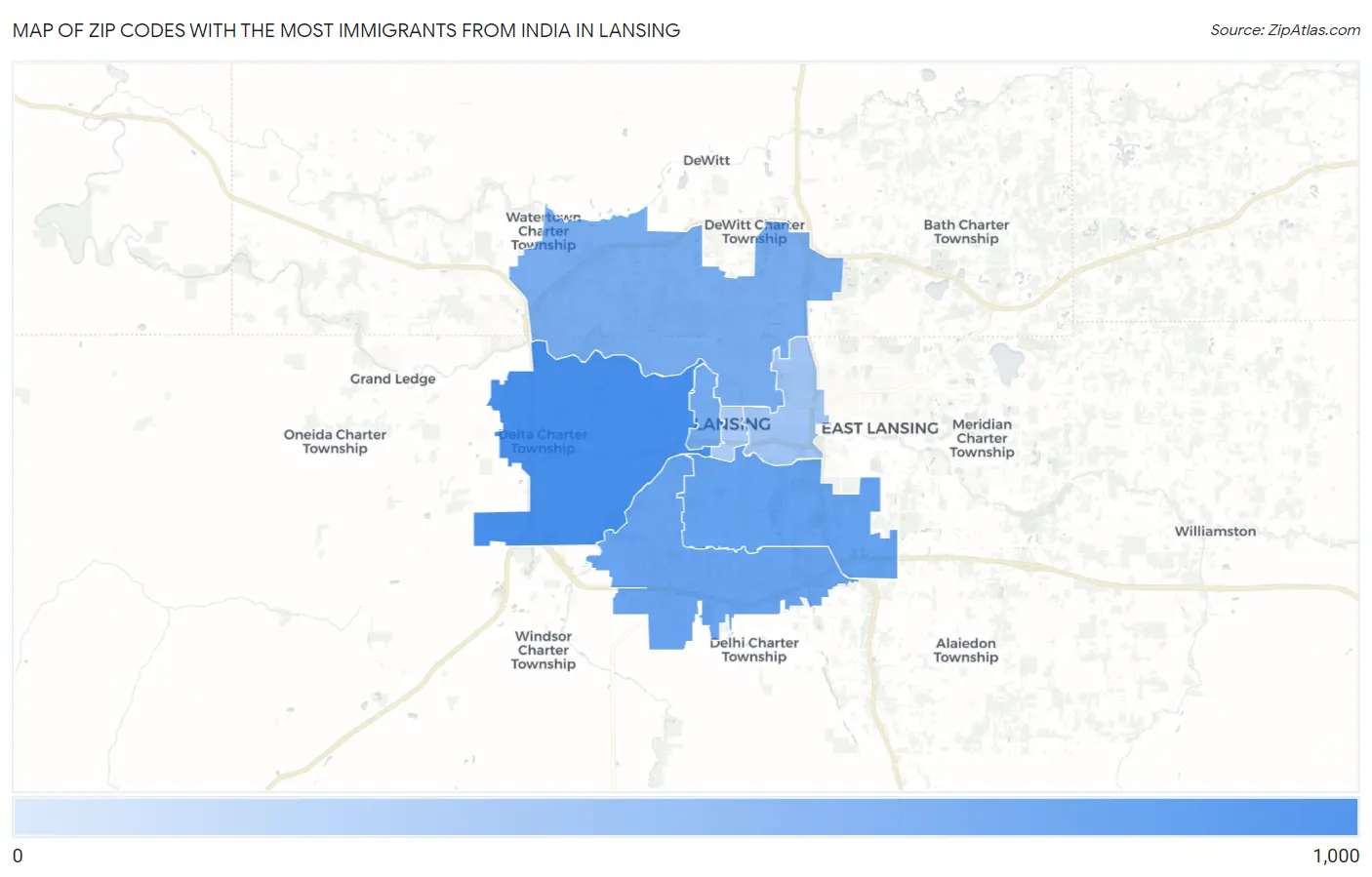 Zip Codes with the Most Immigrants from India in Lansing Map