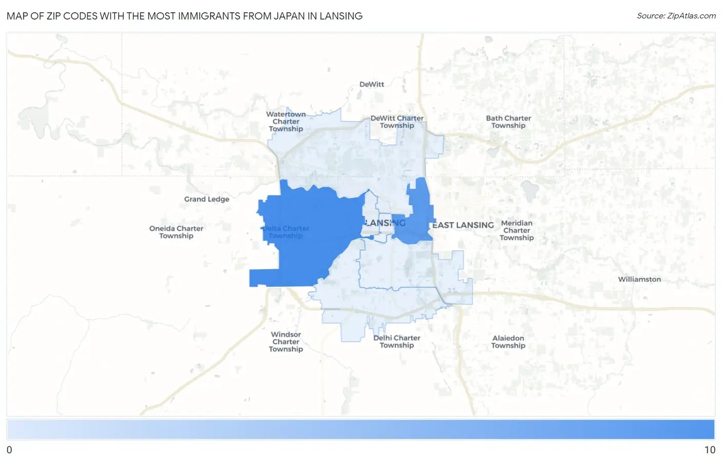 Zip Codes with the Most Immigrants from Japan in Lansing Map