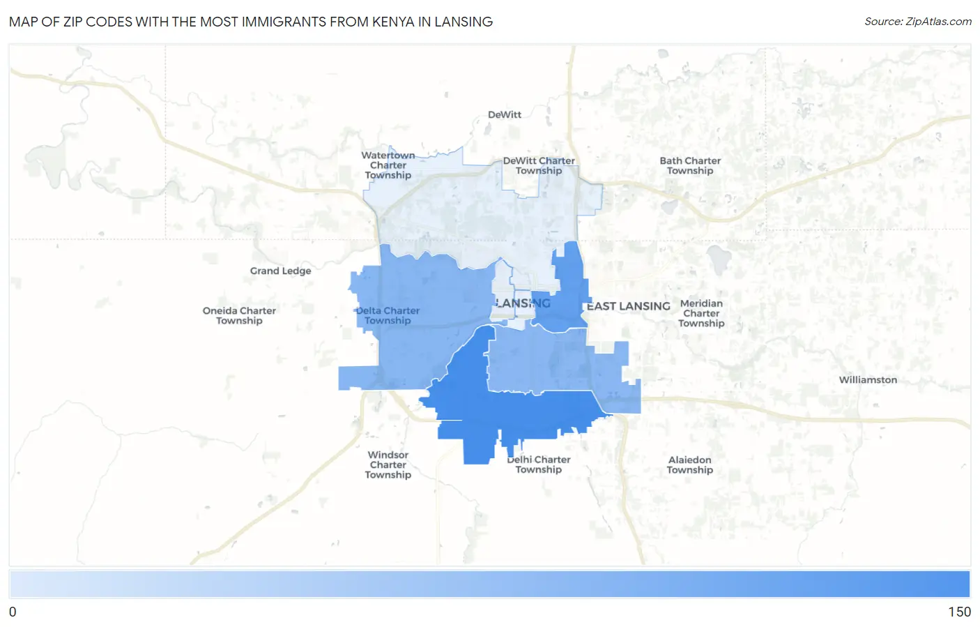 Zip Codes with the Most Immigrants from Kenya in Lansing Map