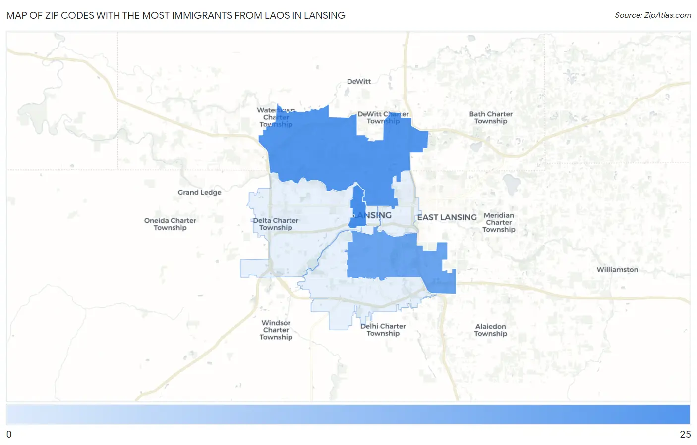 Zip Codes with the Most Immigrants from Laos in Lansing Map