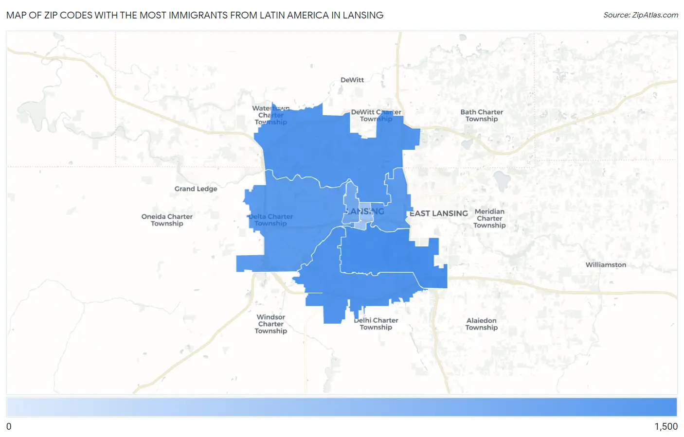 Zip Codes with the Most Immigrants from Latin America in Lansing Map