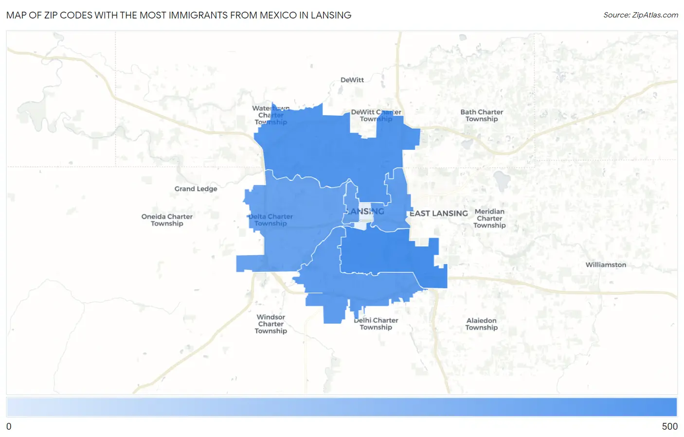 Zip Codes with the Most Immigrants from Mexico in Lansing Map