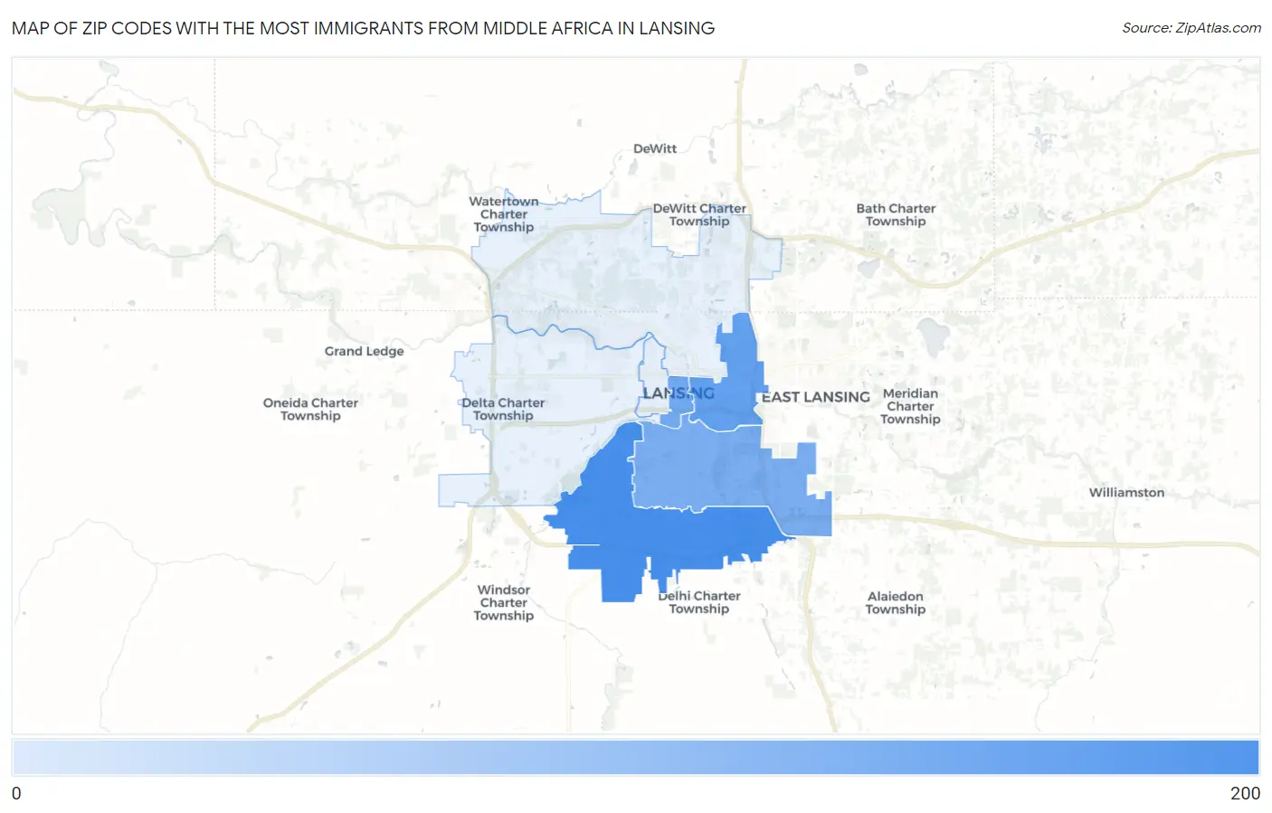 Zip Codes with the Most Immigrants from Middle Africa in Lansing Map