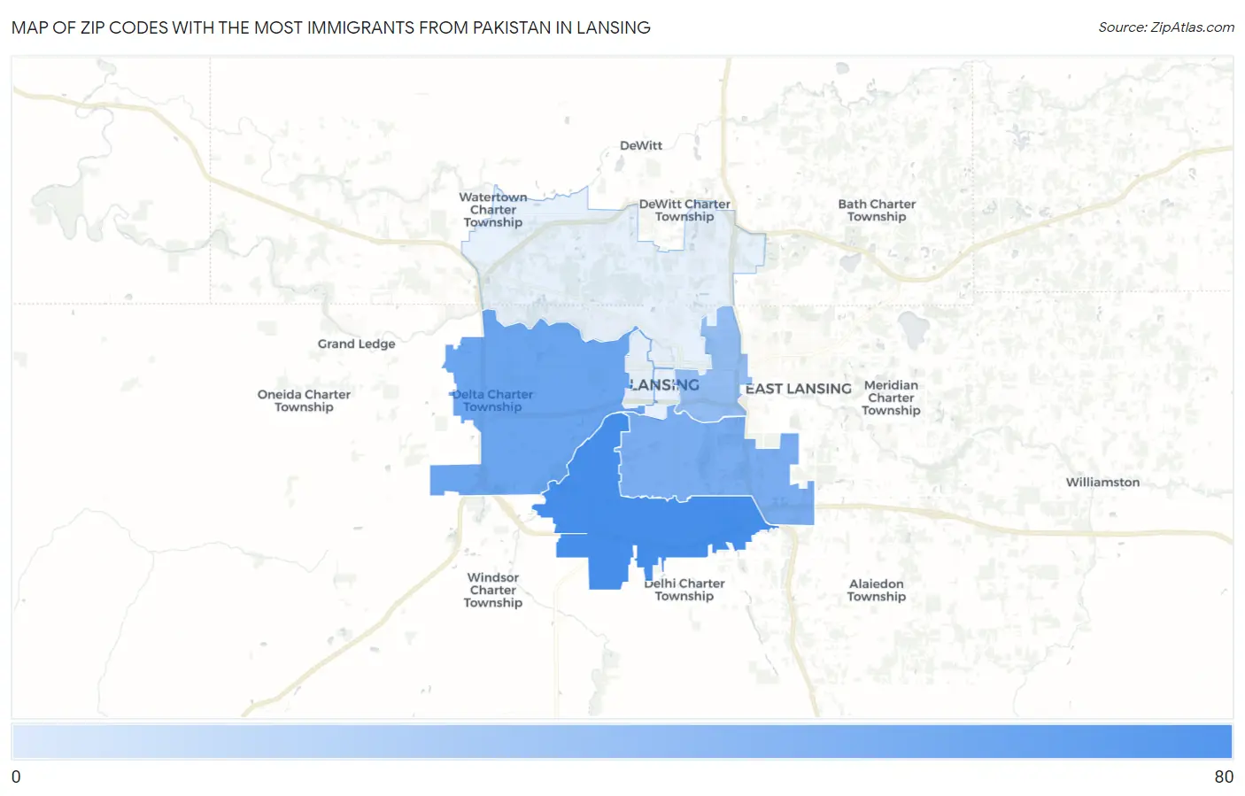 Zip Codes with the Most Immigrants from Pakistan in Lansing Map