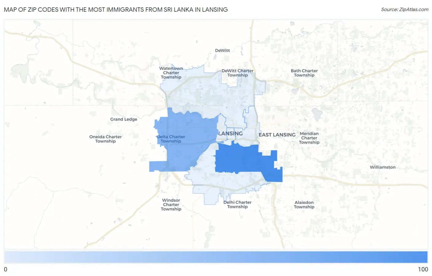 Zip Codes with the Most Immigrants from Sri Lanka in Lansing Map