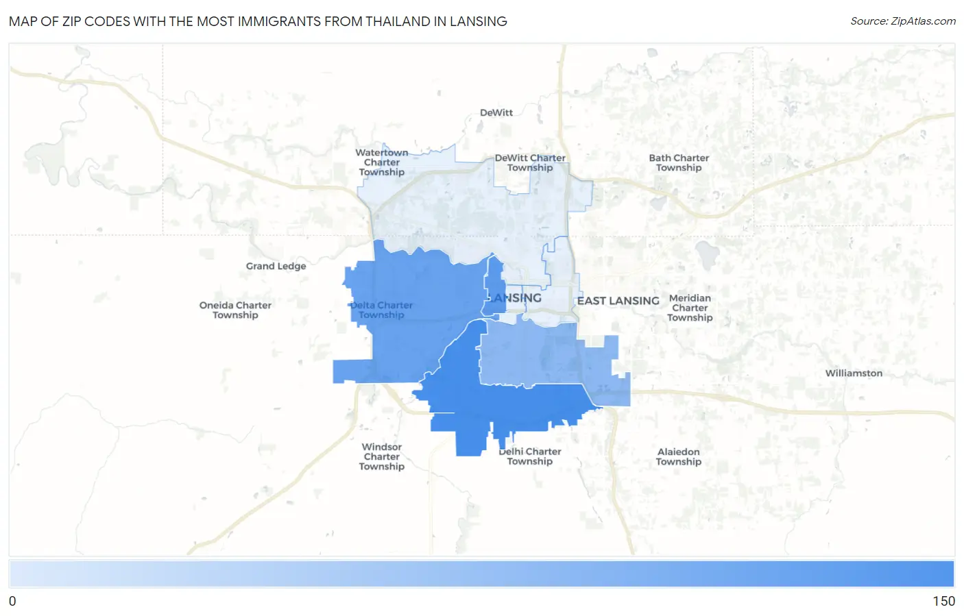 Zip Codes with the Most Immigrants from Thailand in Lansing Map