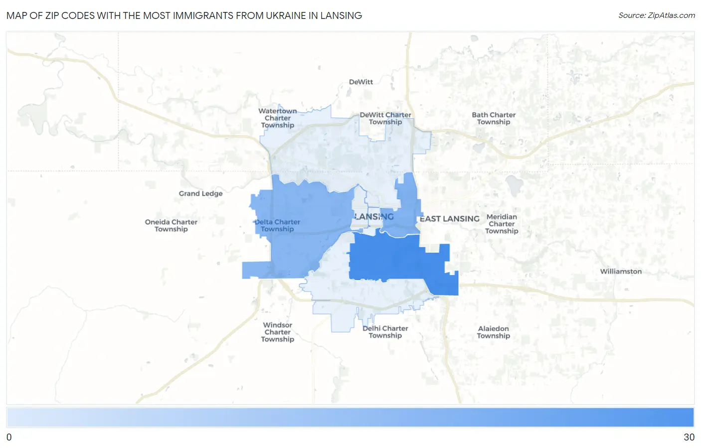Zip Codes with the Most Immigrants from Ukraine in Lansing Map