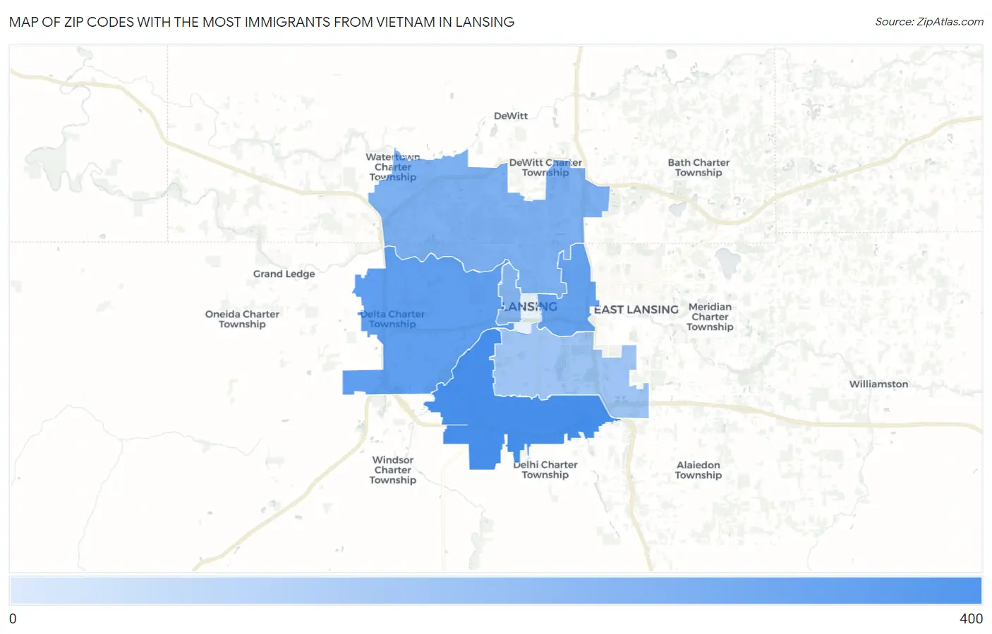 Zip Codes with the Most Immigrants from Vietnam in Lansing Map