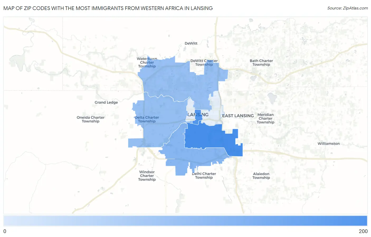 Zip Codes with the Most Immigrants from Western Africa in Lansing Map