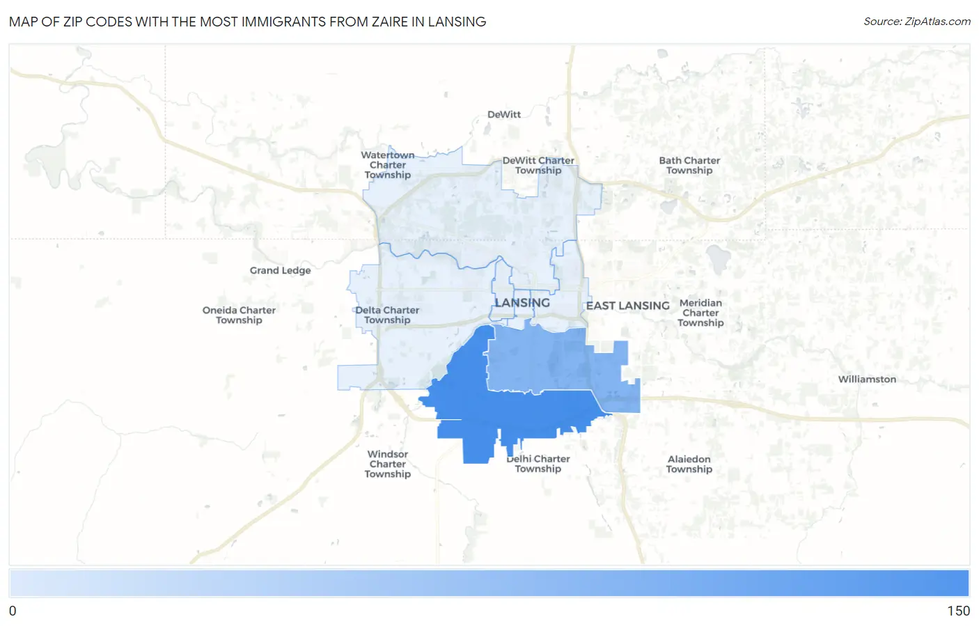 Zip Codes with the Most Immigrants from Zaire in Lansing Map