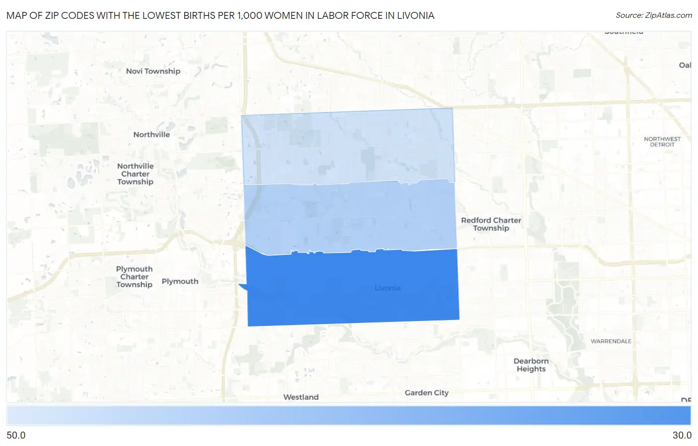 Zip Codes with the Lowest Births per 1,000 Women in Labor Force in Livonia Map