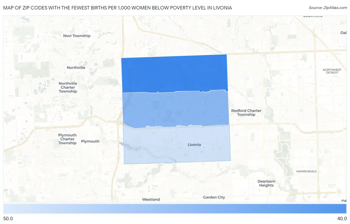Zip Codes with the Fewest Births per 1,000 Women Below Poverty Level in Livonia Map