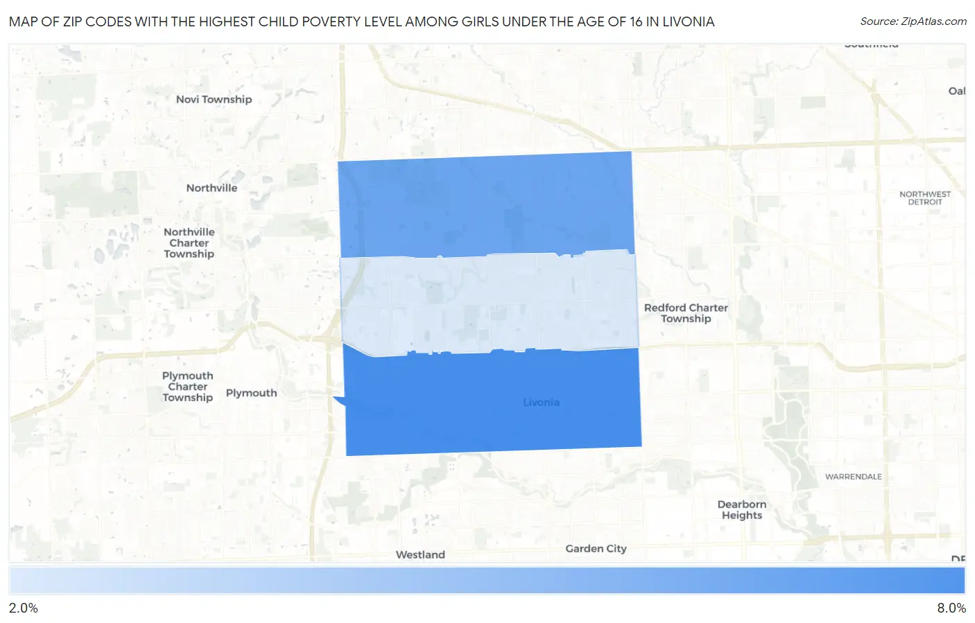 Zip Codes with the Highest Child Poverty Level Among Girls Under the Age of 16 in Livonia Map