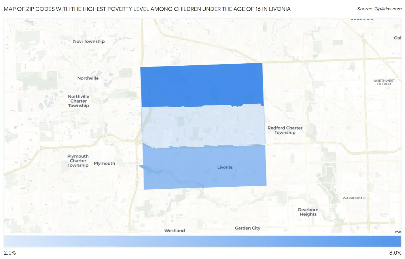 Zip Codes with the Highest Poverty Level Among Children Under the Age of 16 in Livonia Map