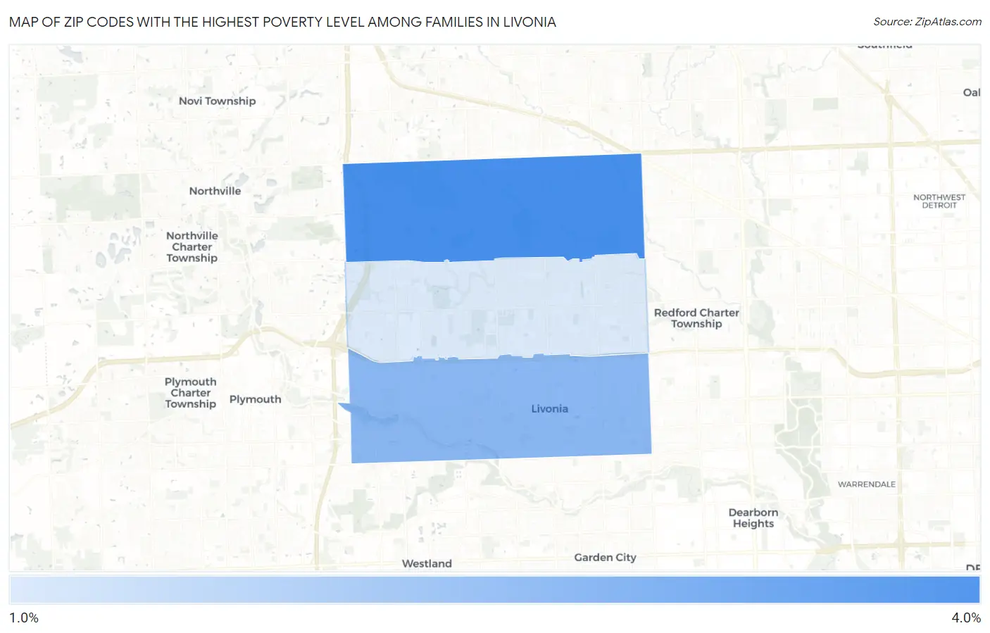 Zip Codes with the Highest Poverty Level Among Families in Livonia Map
