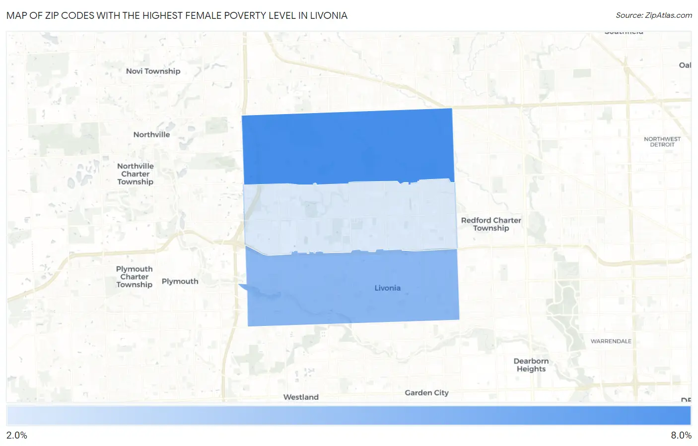 Zip Codes with the Highest Female Poverty Level in Livonia Map