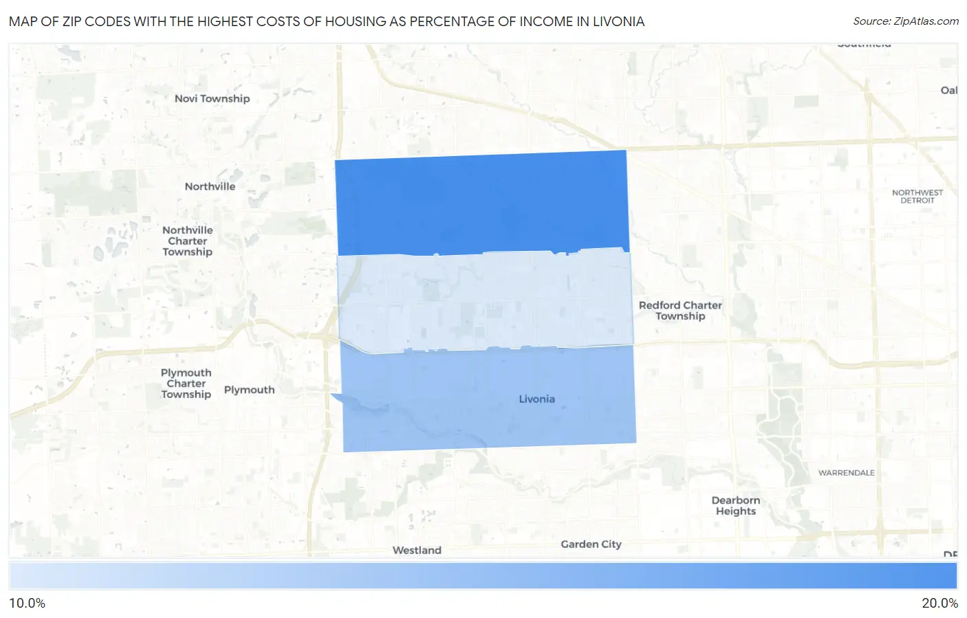 Zip Codes with the Highest Costs of Housing as Percentage of Income in Livonia Map