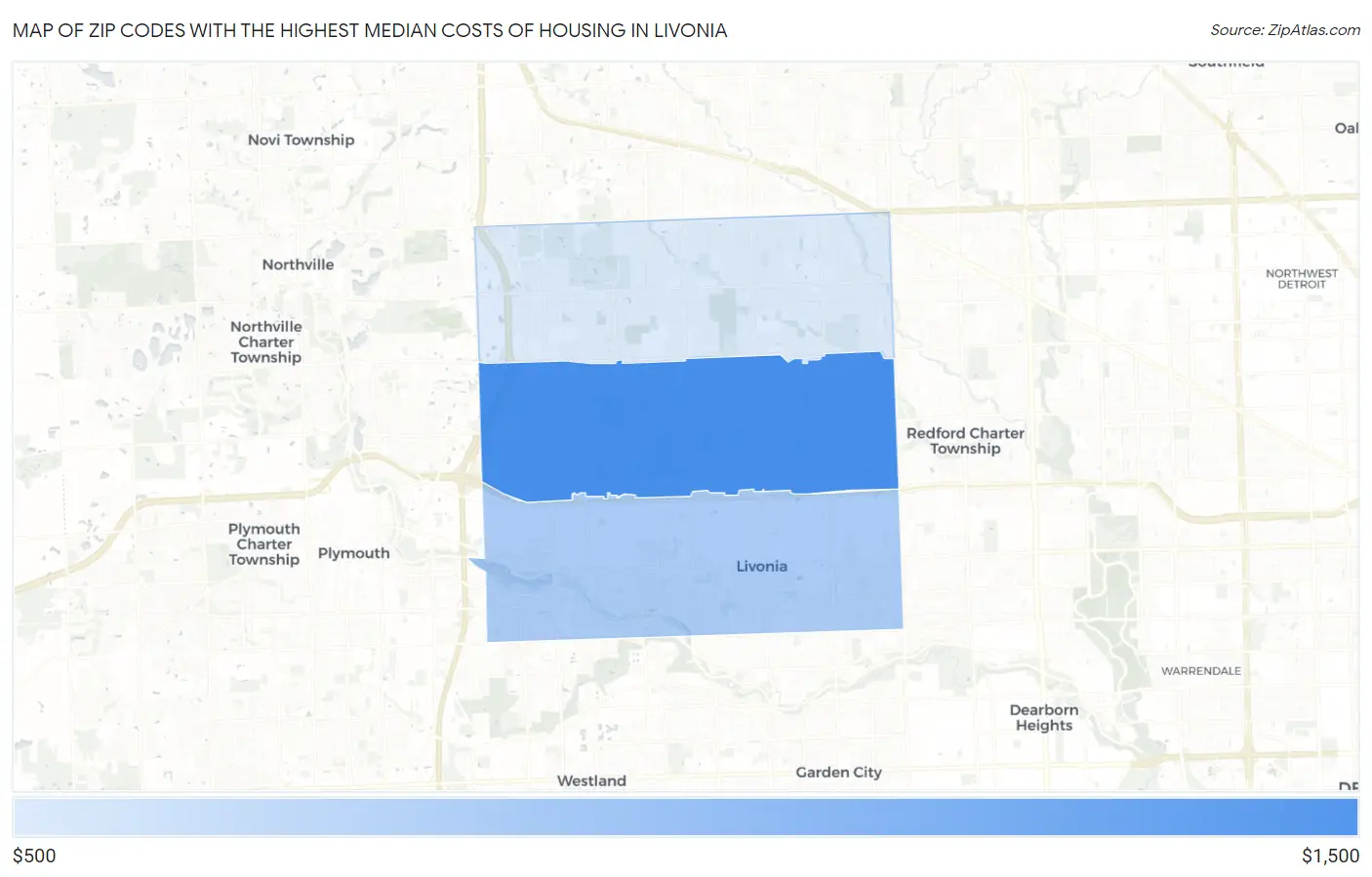 Zip Codes with the Highest Median Costs of Housing in Livonia Map