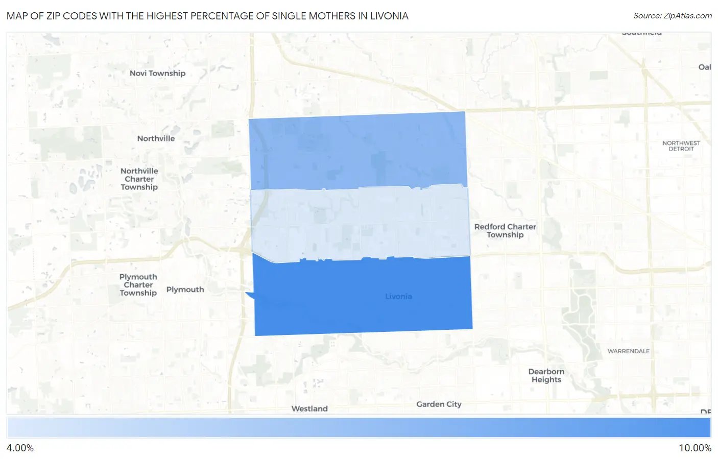 Zip Codes with the Highest Percentage of Single Mothers in Livonia Map