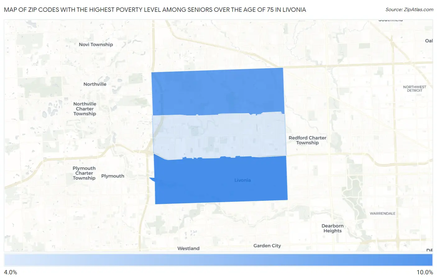 Zip Codes with the Highest Poverty Level Among Seniors Over the Age of 75 in Livonia Map