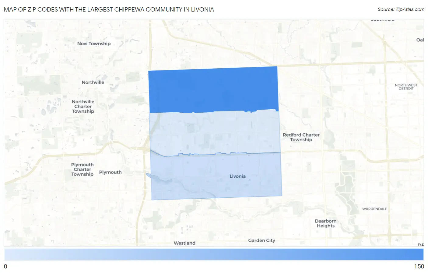 Zip Codes with the Largest Chippewa Community in Livonia Map
