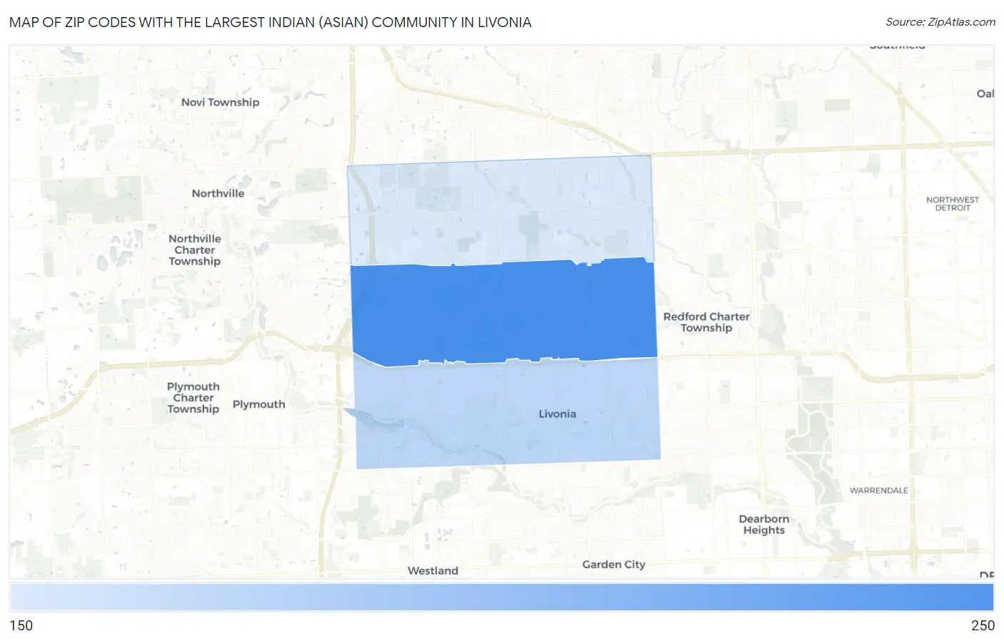 Zip Codes with the Largest Indian (Asian) Community in Livonia Map