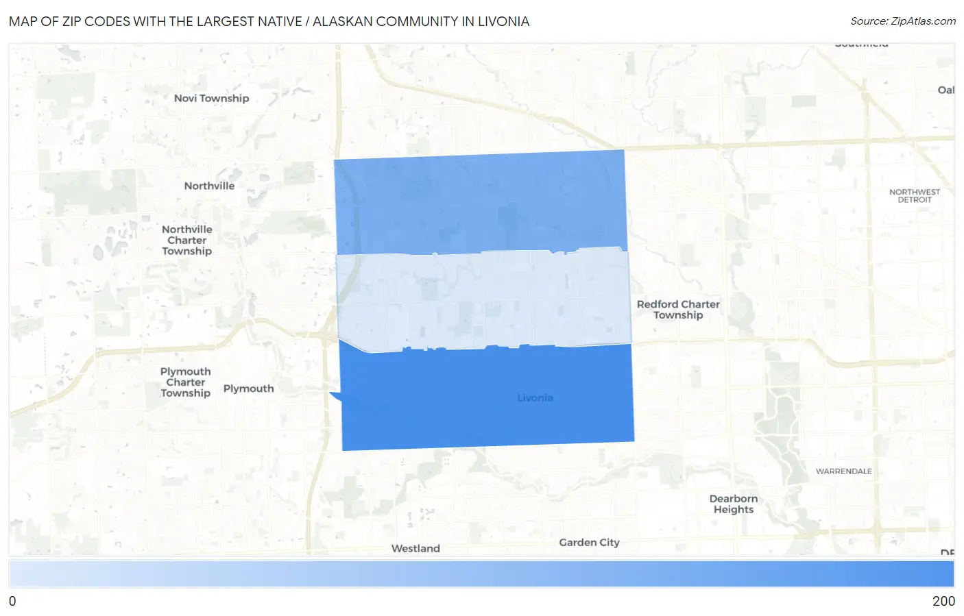 Zip Codes with the Largest Native / Alaskan Community in Livonia Map