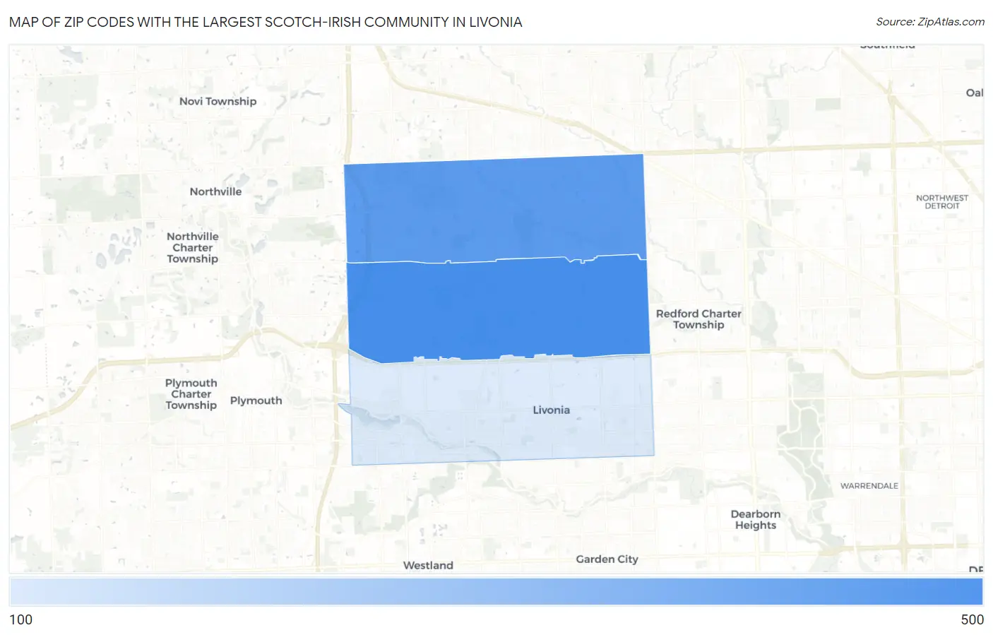 Zip Codes with the Largest Scotch-Irish Community in Livonia Map