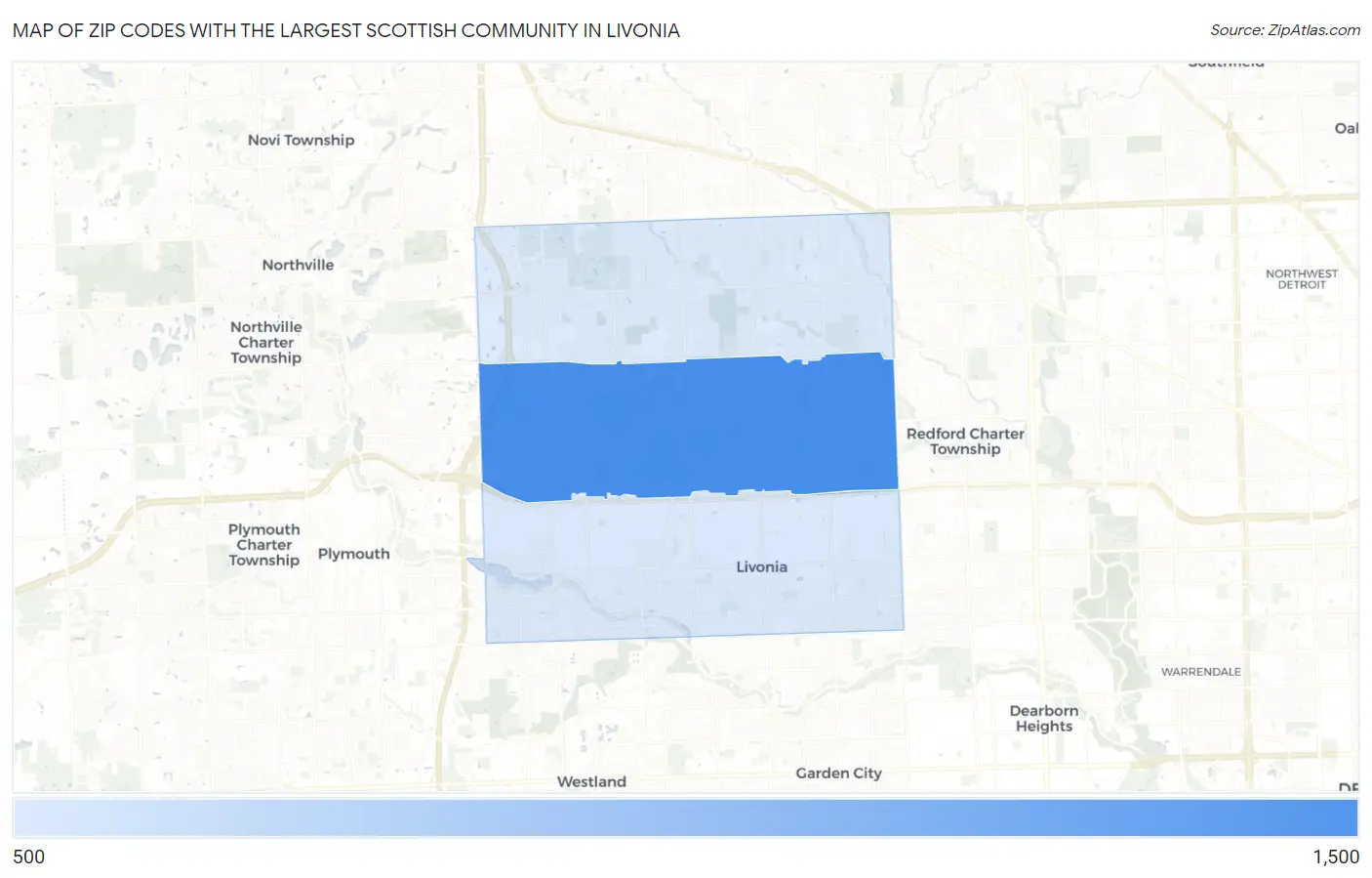 Zip Codes with the Largest Scottish Community in Livonia Map
