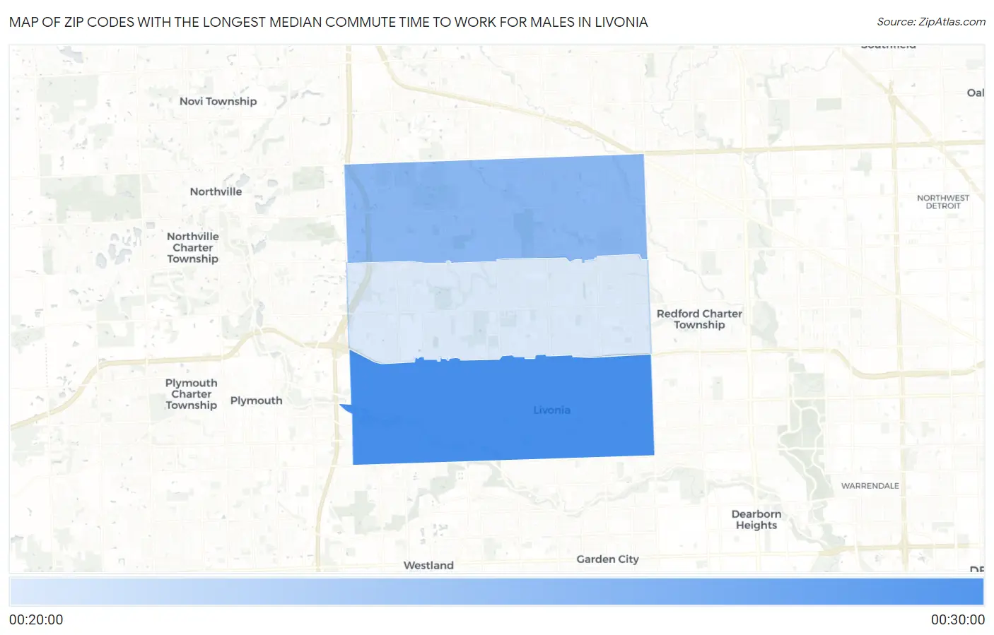 Zip Codes with the Longest Median Commute Time to Work for Males in Livonia Map