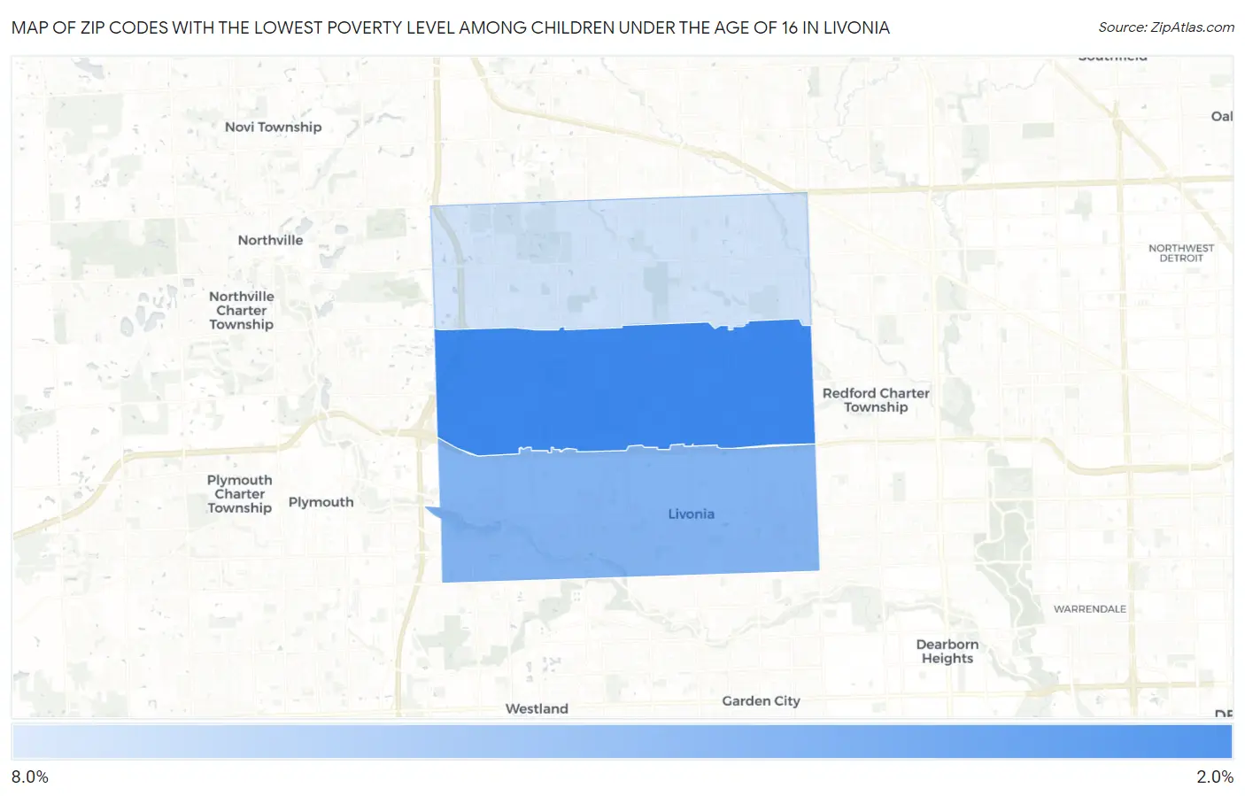 Zip Codes with the Lowest Poverty Level Among Children Under the Age of 16 in Livonia Map