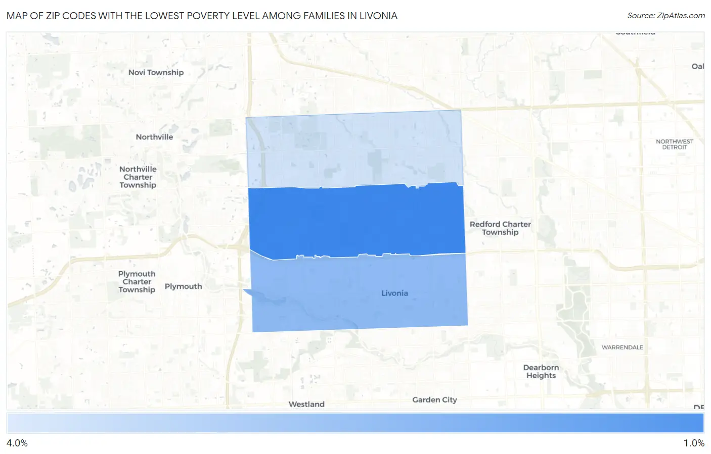 Zip Codes with the Lowest Poverty Level Among Families in Livonia Map