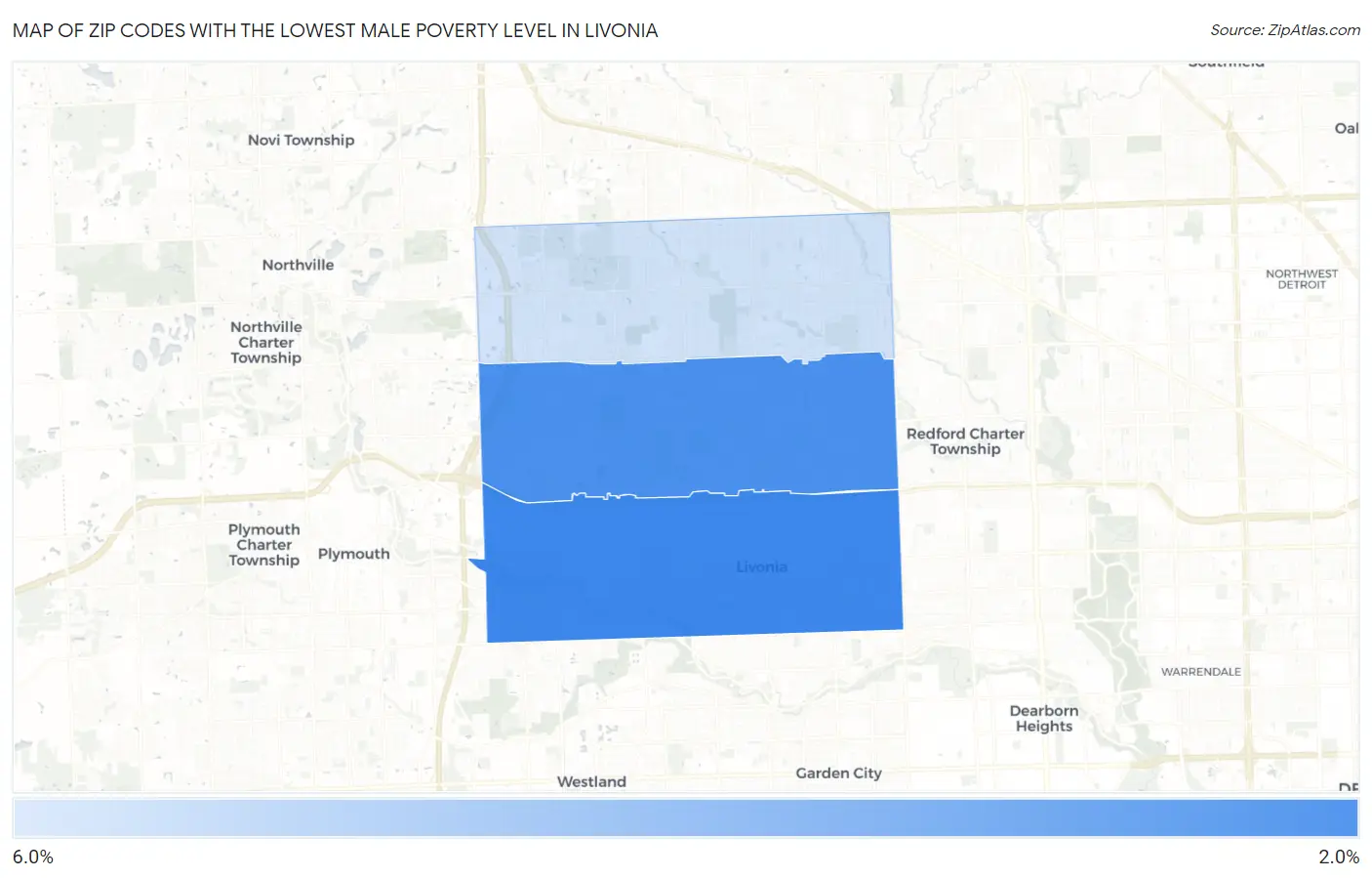 Zip Codes with the Lowest Male Poverty Level in Livonia Map